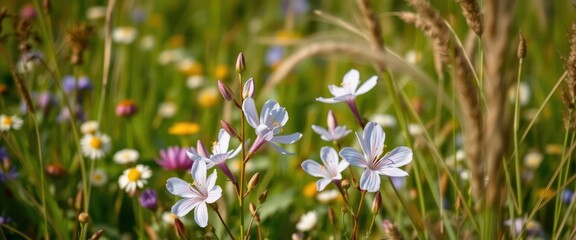 Delicate Campanula blossoms amidst wildflowers and swaying grasses, ecosystem, herbaceous