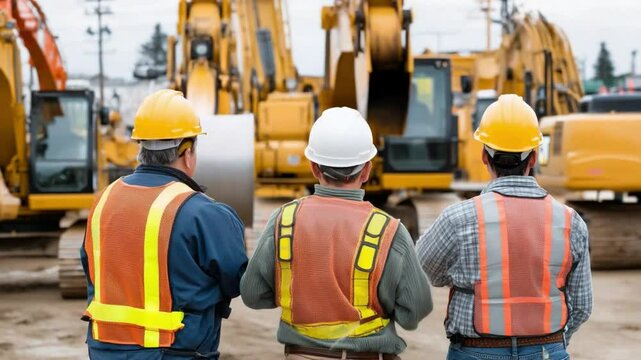 Construction Workers Examining Excavators: A focused group of construction workers, clad in safety gear, examines heavy excavators. The image encapsulates industry and collaboration. 