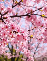 Obraz premium Delicate pink cherry blossoms, gently swaying in bright sunlight, against a backdrop of blooming trees, floral, pastel