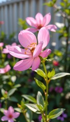 Obraz premium Delicate pink flower, serene garden setting, soft light, pink flower, flora