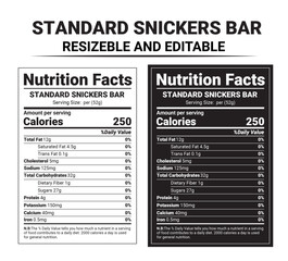 Snickers nutrition label, Nutrition facts vector, Editable nutrition label, Candy bar nutrition facts, Standard Snickers bar info, Black and white nutrition label, Vector nutrition facts template
