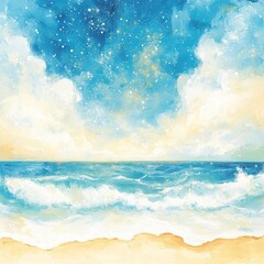 Serene watercolor painting of a beach scene at twilight, featuring a tranquil ocean with gentle waves, a sandy shore, and a starry night sky with soft clouds. 