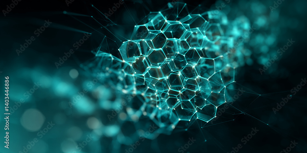 Poster abstract teal network structure, glowing nodes and lines forming a complex mesh, symbolizes connecti