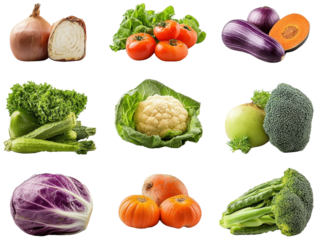 Fresh and colorful variety of vegetables displayed on a rustic wooden table with bright colors and healthy appeal isolated on a white background.