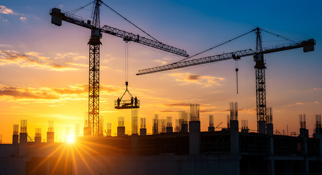 Dramatic Sunset Over Construction Site With Cranes Silhouetted Against Orange and Yellow Sky