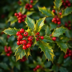 Luminous red berries cluster on a glistening golden holly branch against deep green foliage, dark green, green, red berries