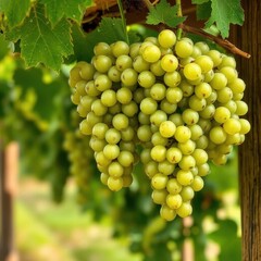 Fototapeta premium Luscious green grapes glistening with morning dew hang from a rustic wooden arbor, rural, image, healthy
