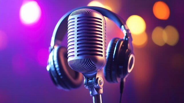 Close up of a vintage silver microphone with black over ear headphones, set against a vibrant purple and orange bokeh background. The image evokes a feeling of music and recording.
