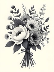 A sophisticated and artistic illustration of a monochrome floral bouquet.