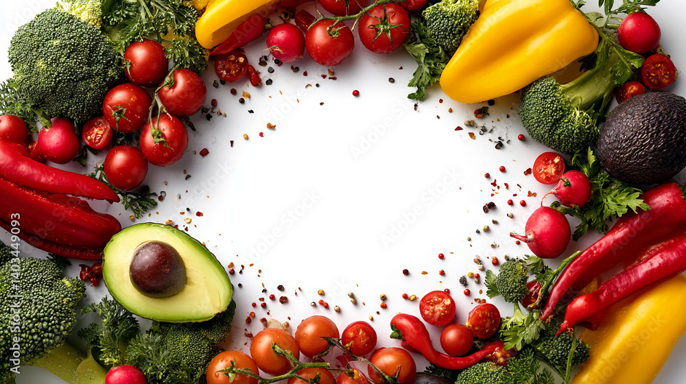 Aufkleber vibrant vegetables arranged in a circle on white background, creating a frame with free space in the