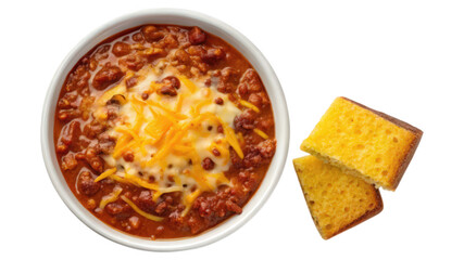 A hearty bowl of chili topped with melted cheese, accompanied by slices of cornbread for a savory meal.