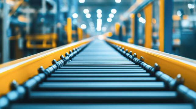 Conveyor belt in a modern industrial setting with blurred lights in the background.