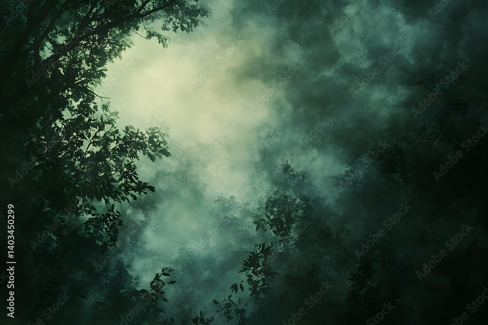 Aufkleber mysterious forest scene with dense fog and silhouetted trees creating an eerie atmosphere