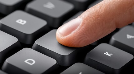 Close up of a finger pressing a key on a dusty black keyboard.