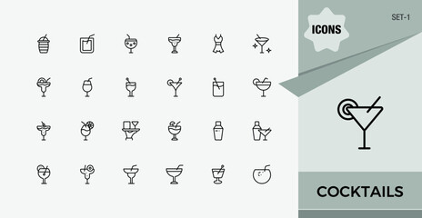 Cocktails icon set. Included drink, alcohol, bar, whiskey, beer and more. liquor modern icon. Editable stroke. Set-1
