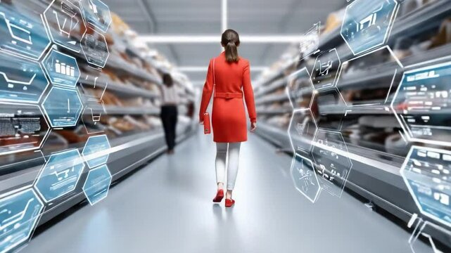 Smart Shopping Experience: A woman in a red coat walks through a modern supermarket aisle, surrounded by futuristic holographic displays showcasing product information.