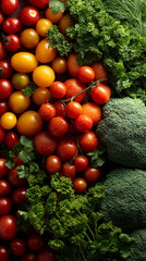 Close-up of red and yellow tomatoes, broccoli, and parsley, showcasing freshness and abundance, representing healthy eating and vibrant natural produce