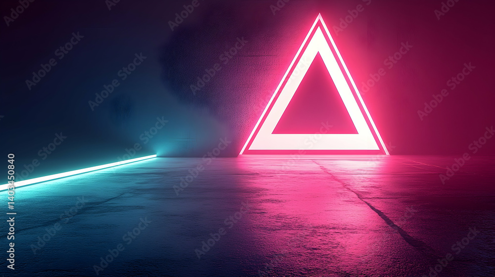 Poster neon triangle illuminated in a dark room, casting reflections on a polished floor, creating a vibran
