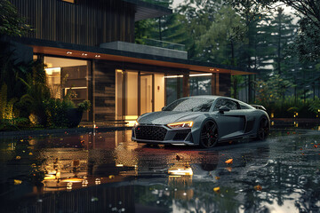 Sleek sports car parked outside a modern house on a rainy day with reflections