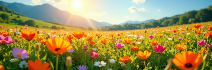 Obraz premium Sun-drenched field, profusion of colorful flowers, desktop, floral