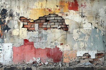 Obraz premium Broken brick wall section with exposed inner layers, bricks jutting unevenly, debris at base revealing erosion and varying mortar shades.