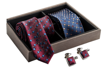 Elegant men s tie gift set in luxury box featuring two patterned ties cufflinks dark background