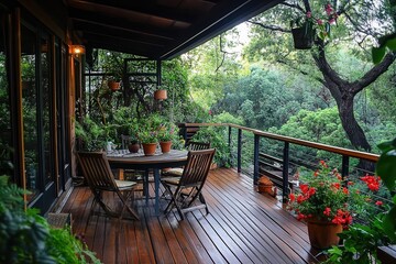 Obraz premium Wooden deck overlooking green garden, rustic railing and potted plants border the view, small table set in warm afternoon light creates cozy retreat.