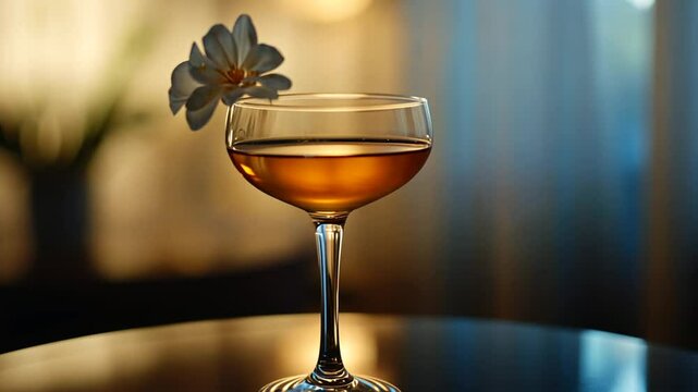 Elegant aperitif served in cocktail glass, garnished with exquisite white flower detail