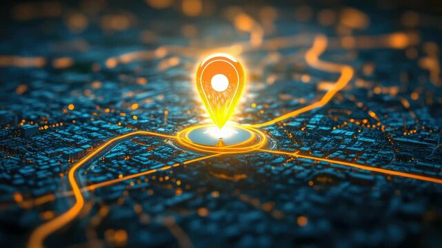 High-tech 3D map with glowing GPS location pin on a dark city grid. Concept of geolocation, smart navigation, digital mapping technology and intelligent urban mobility systems