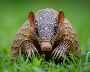 Obraz premium Curious Adult Armadillo with Exposed Claws in Lush Florida Grass, Captivating Charm of America's Native Wildlife