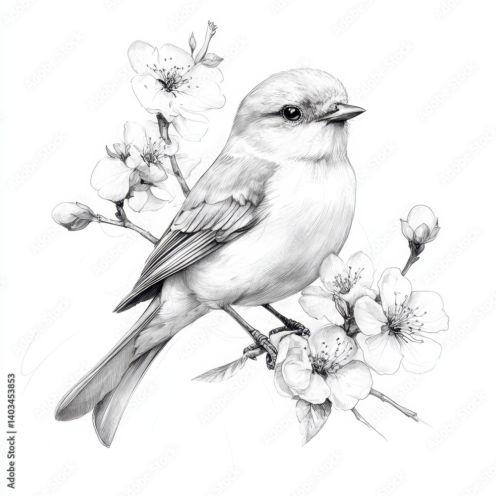 Poster pen and ink drawing of a small bird perched on a blossoming branch, detailed shading and intricate l