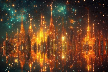 Fototapeta premium Futuristic city skyline at night with fractal elements, glowing circuit towers and tessellations, star-like particles swirl across digital night sky.