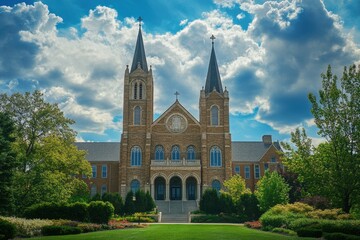 Stunning Architectural Design of the Theological College at Catholic University: A Beautiful Basilica Against a Blue Sky