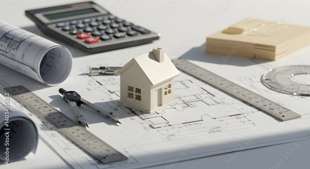 Poster architectural blueprints with house model and calculator on white table top view