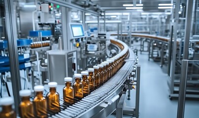 Naklejka premium Modern pharmaceutical production line conveying amber glass bottles in a sterile factory setting ,