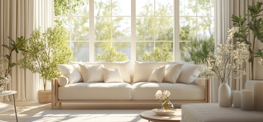 Sunny living room, beige sofa, plants, window view. Home decor