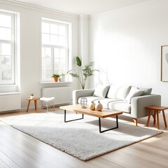 Scandinavian-style interior with minimalist furniture, neutral colors, indoor plants, and natural wood accents. Clean and bright space filled with natural light, perfect for modern living.