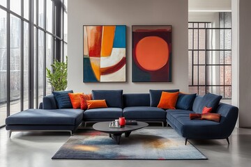  Modular navy sofa in loft with metal legs and sharp lines, abstract art and patterned light on polished concrete add urban contrast and design boldness.