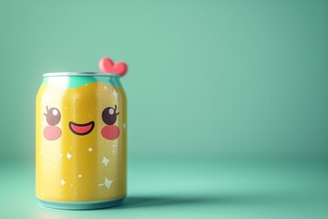 Obraz premium A&nbsp;lovely&nbsp;face&nbsp;for&nbsp;goods marketing&nbsp;with&nbsp;a&nbsp;3D&nbsp;kawaii soda can&nbsp;emblem over a pale green setting lovely hue delish and space, Generative AI.