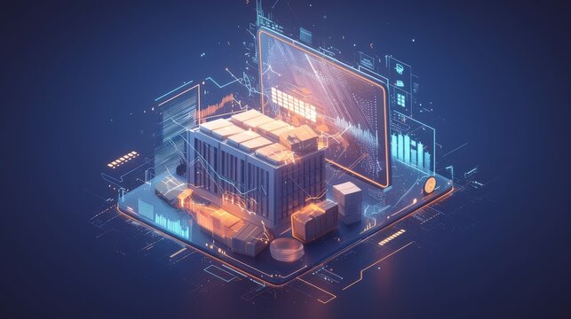 3D arrangement with interconnected blocks, lines, screens in digital style