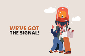 Cartoon vector illustration of people in a group holding a flashing light above their heads like signaling for attention or celebration