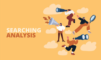 Cartoon vector illustration of inquisitive people with spyglasses, magnifying glasses, and binoculars, representing the endless quest for discovery and learning.