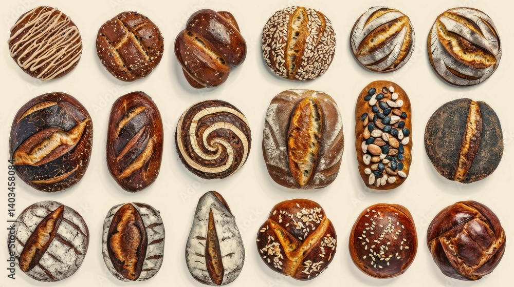 Poster a row of different shaped breads with a variety of toppings. the breads are arranged in a grid patte