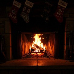Cozy fireplace with roaring flames and stockings hung above. Warm, inviting holiday scene.