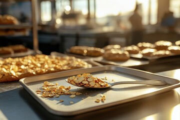 Gold flakes adorn a tray of pastries in a commercial kitchen.
