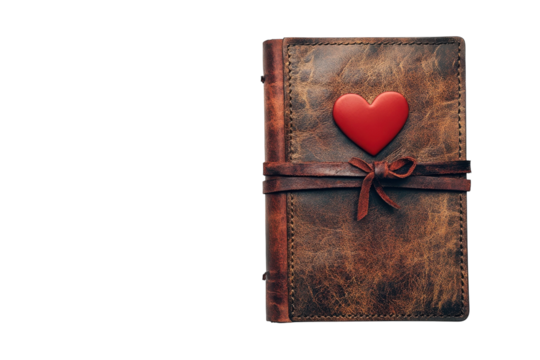 Vintage leather journal with a red heart tied with a leather cord dark background romantic symbol