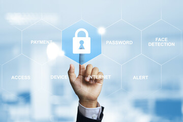 Cyber security concept with hand reaches up to press the padlock to indicate the lock and prevent data leakage in the system. Mobile banking, device password, face detection or payment protection.
