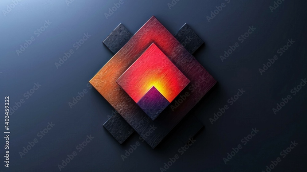 Poster a colorful abstract design with a red sun in the center. the design is made up of squares and triang