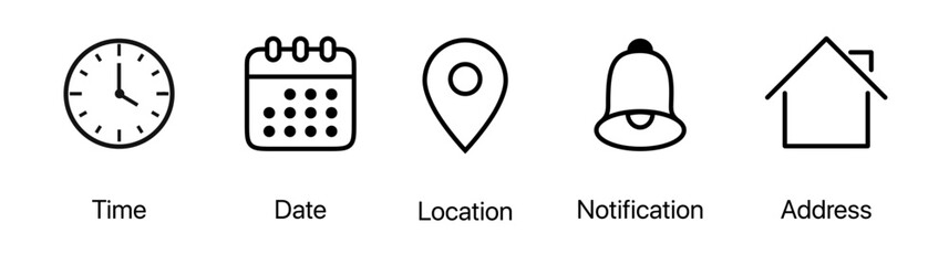 Date, time, and location UI icon set with clock, calendar, and address symbols in editable stroke outline style. Modern clean vector illustration.