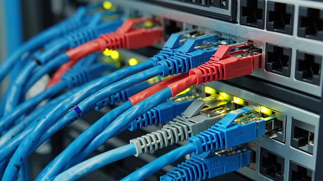 Close-up of blue and red ethernet cables connected to a network switch showing active data communication signals in server room